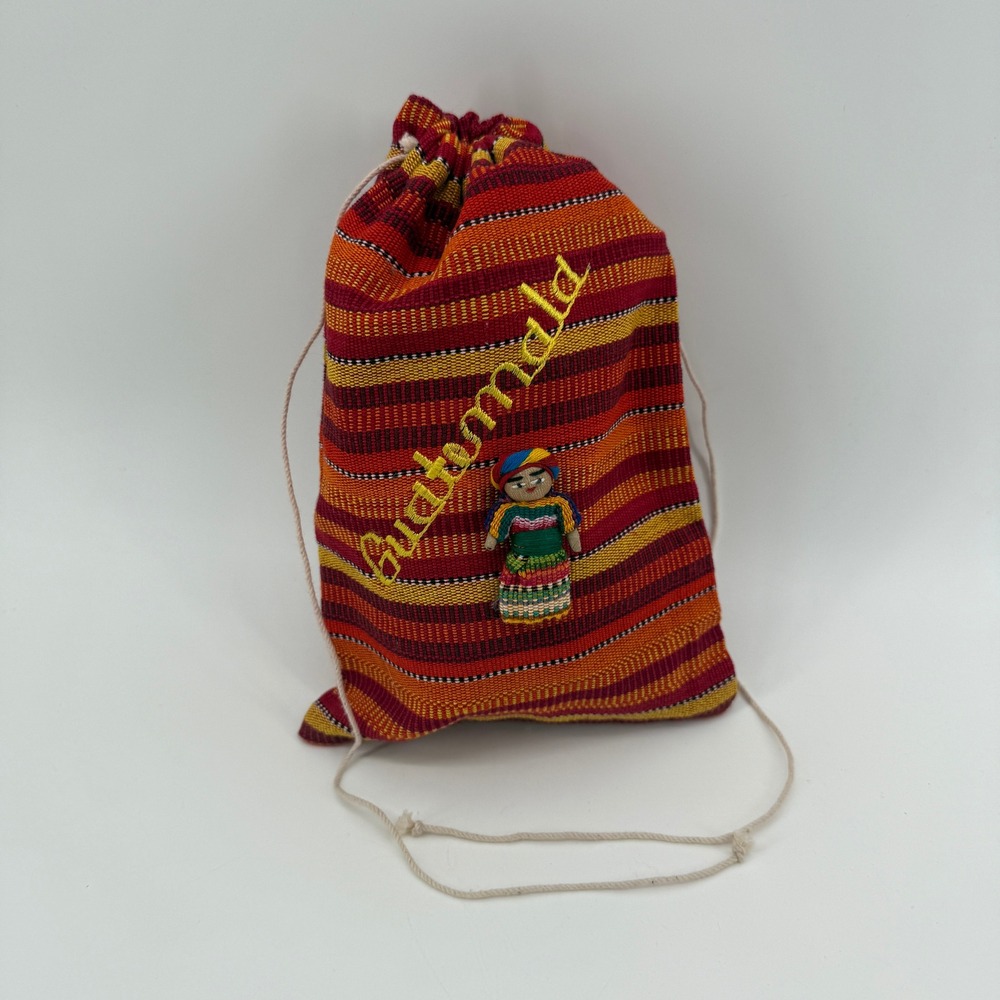 Handmade Guatemalan Worry Doll Pouch | 9" Handwoven Souvenir Drawstring Bag